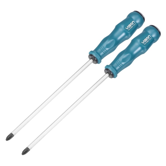 Uxcell 2pcs Magnetic Phillips Screwdriver PH2 x 200mm CR-V Steel Go-thru Cross Head Screwdrivers with Cushion Grip, Striking Cap for Industry and Automobile Repair