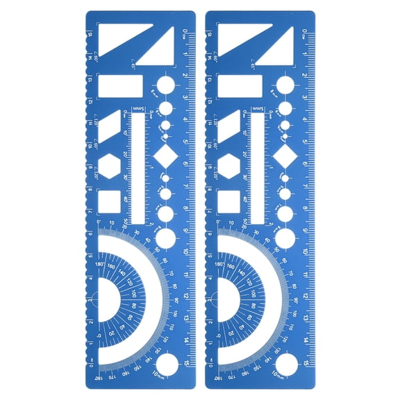 Uxcell 2pcs Multifunctional Geometric Rulers 15cm Metric and SAE Aluminum Straight Edge Protractor Angle Math Measuring Rulers Geometric Drawings Templates for Drawing Drafting, Blue