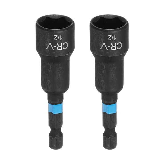 Uxcell 2pcs Nut Driver Drill Bit 1/2" Socket 1/4" Hex Shank 2.56" (65mm) Magnetic 6-Point Sockets Quick Change Cr-V Steel Bolt Setters for Power Drill Drivers