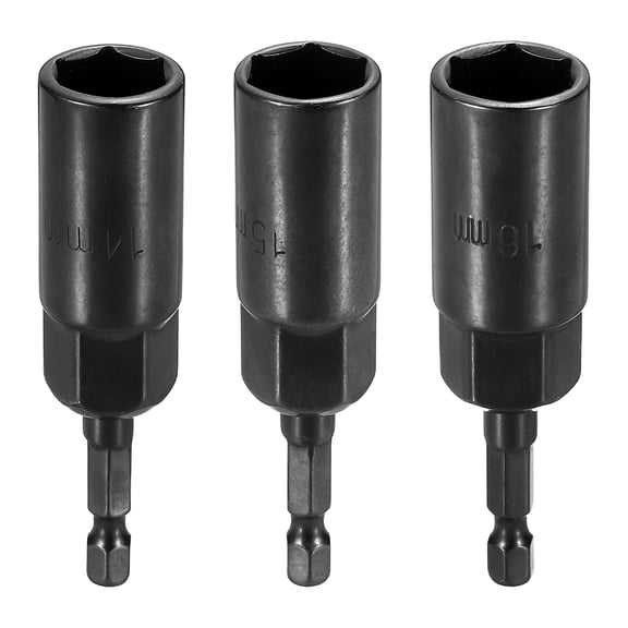 Uxcell 3pcs Nut Driver Drill Bit 14+15+16mm Metric Socket 1/4" Hex Shank 3.15" (80mm) Extra Long 6-Point Sockets Quick Change Cr-V Steel Bolt Setters for Power Drill Drivers, Black