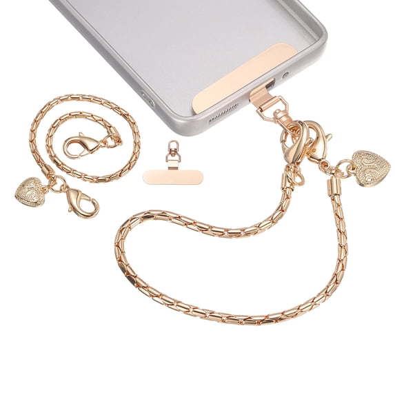 Uxcell 2pcs Phone Wrist Strap (11", Gold) - Detachable Metal Chain Phone Charm Lanyard Love Shape Hand Wristlet Strap with Tether Tab, Fits Women Cellphone Party Shopping Traveling