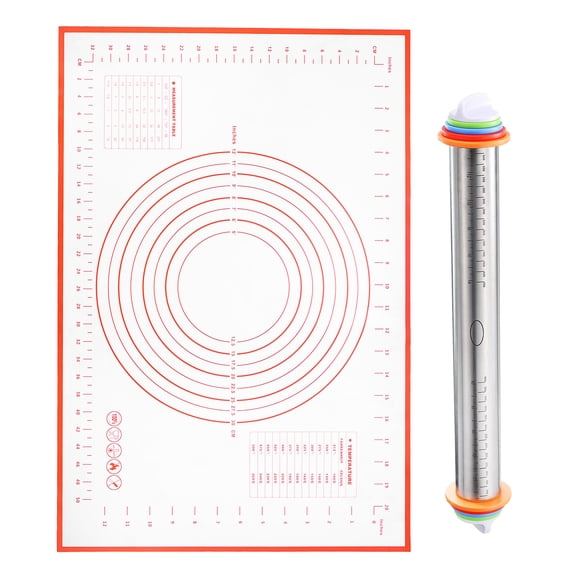 Uxcell 2pcs Rolling Pin with Silicone Baking Pastry Mat 43cm x 4.3cm for Baking Cookie Pastry Pizza Clay