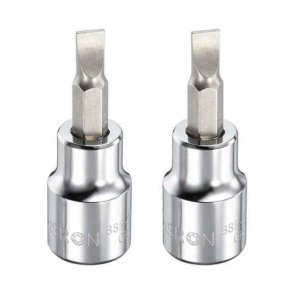 Uxcell 2pcs SL5.5 Slotted Bit Socket 5.5mm Metric Slotted Tip 3/8" Drive 2" (48mm) Long CR-V Steel Screw Driver Drill Bit Socket Wrench for Flat Head Screws Bolts