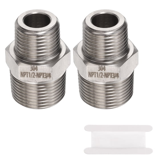 Uxcell 2pcs Stainless Steel Hex Nipple 1/2" NPT Male x 3/4" NPT Male Pipe Fitting