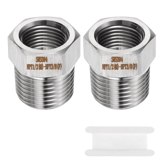 Uxcell 2pcs Stainless Steel Pipe Fitting 3/8" NPT Female x 1/2" NPT Male Reducer Hex Bushing Pipe Adapter Fittings Reducing Cast Pipe Connector for Water Oil Gas Tub