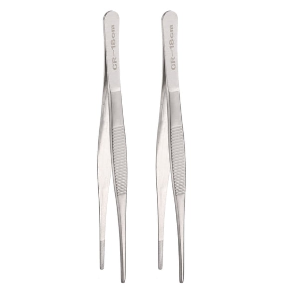 Uxcell 2pcs Stainless Steel Tweezers 7.1 Inch Long Straight Serrated Tip Tweezers Multi-Purpose Kitchen Tong for Cooking Gardening Repairing Craft, Silver