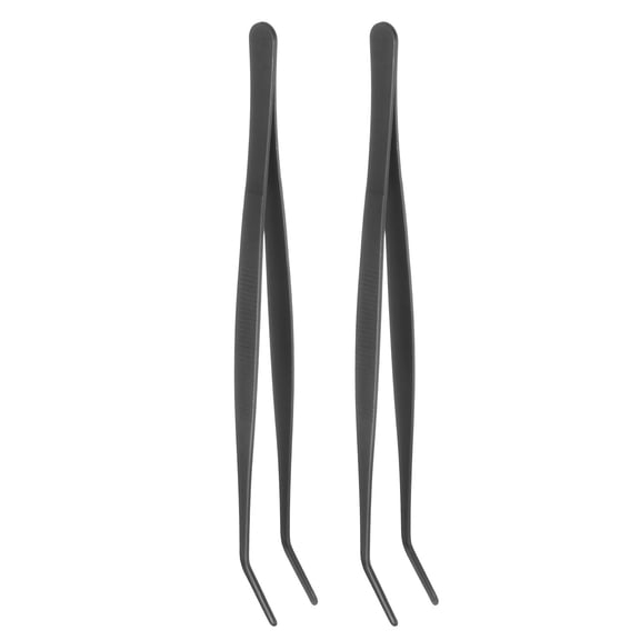 Uxcell 2pcs Stainless Steel Tweezers 9.8 Inch Long Curved Serrated Tip Tweezers Multi-Purpose Kitchen Tongs for Cooking Gardening Repairing Craft, Black