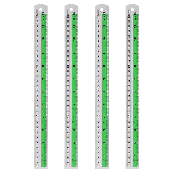 Uxcell 4pcs Straight Ruler 11.81" Metric SAE Aluminum Rulers with Hole Green