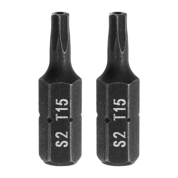 Uxcell 2pcs T15 Torx Screwdriver Bit 1/4" Hex Shank 25mm/1" Length S2 Steel Star 6 Point Head Hex Security Screw Driver Bits with Hole for Impact Electric Screw Driver Power Tools, Black