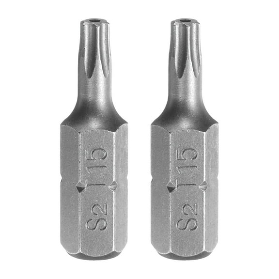 Uxcell 2pcs T15 Torx Screwdriver Bit 1/4" Hex Shank 25mm/1" Length S2 Steel Star 6 Point Head Hex Security Screw Driver Bits with Hole for Impact Electric Screw Driver Power Tools, Grey