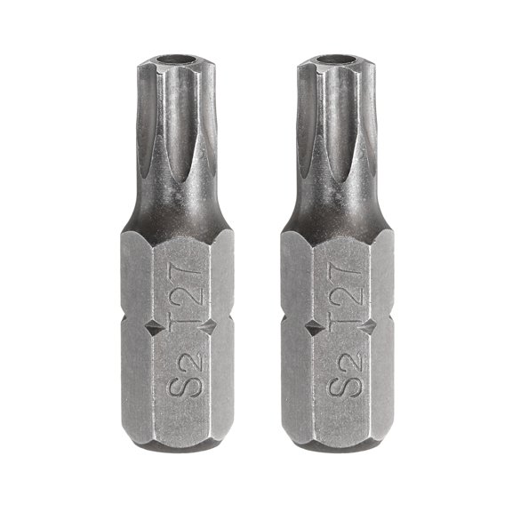 Uxcell 2pcs T27 Torx Screwdriver Bit 1/4" Hex Shank 25mm/1" Length S2 Steel Star 6 Point Head Hex Security Screw Driver Bits with Hole for Impact Electric Screw Driver Power Tools, Grey