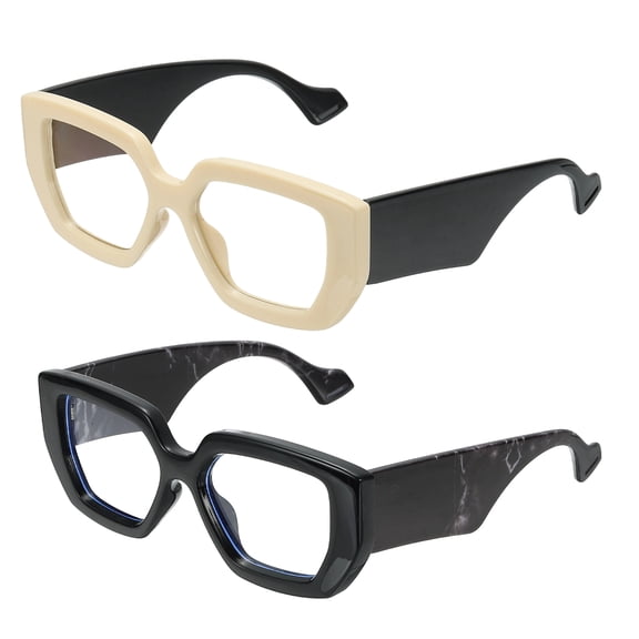 Uxcell 2pcs Thick Frame Blue Light Glasses for Women, Beige/Black2(Clear Lens)