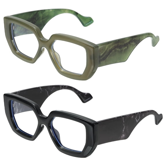 Uxcell 2pcs Thick Frame Blue Light Glasses for Women, Beige/Deep Green(Clear Lens)