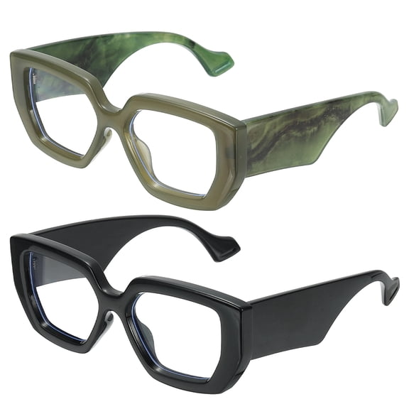 Uxcell 2pcs Thick Frame Blue Light Glasses for Women, Black/Deep Green(Clear Lens)
