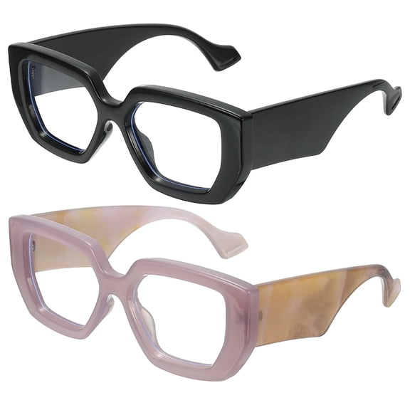 Uxcell 2pcs Thick Frame Blue Light Glasses for Women, Brown/Black(Clear Lens)