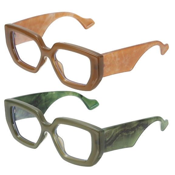 Uxcell 2pcs Thick Frame Blue Light Glasses for Women, Deep Green/Orange(Clear Lens)