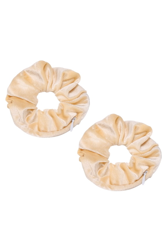 2pcs Velvet Scrunchie with Pocket Zipper (2 Inch) - Elastic Bands Hair Ties Girls Women Hidden Compartment Pockets, for Ponytail Holder Travel Coins Keys, Beige