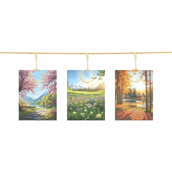 2pcs Wall Hanging Photo Display Cable Wire Rod with 24 Round Clips, 5Ft Hanging Picture Frames Collage Gold
