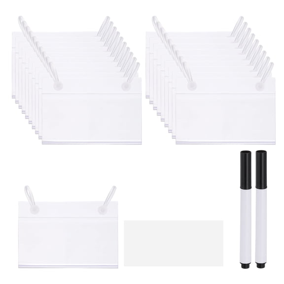 Uxcell 3.1" x 2.2" Basket Labels Holders, 20 Pack Reusable Plastic Wire Shelf Label Holder Tag Display Clip with Button Lock with Paper Inserts Pens for Home Market Store, Clear