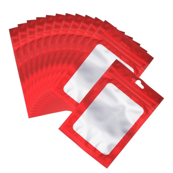 Uxcell 3.1 x 5.1 Inch Holographic Packaging Bags, 100 Pcs Clear Window Resealable Food Storage Smell Proof Foil Pouch Bag for Small Business Party Favor Candy Jewelry, Red