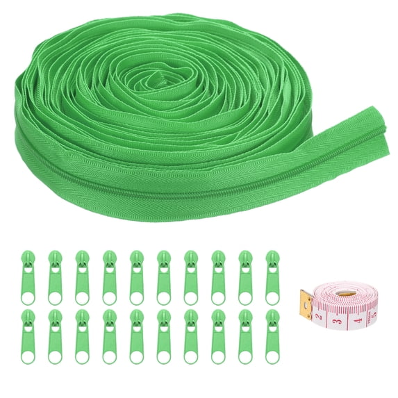 Uxcell #3 10 Yards Bulk Nylon Coil Zippers by the Yards with 20 Pcs Zippers Sliders and Ruler for Tailor Sewing, Green