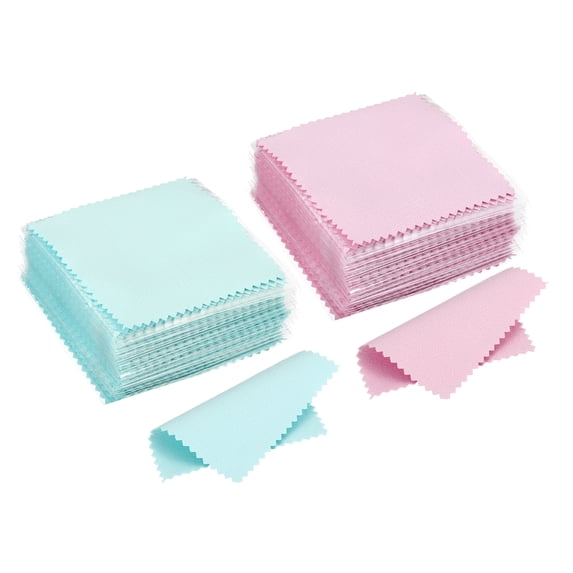 Uxcell 3.15x3.15" Jewelry Cleaning Cloth, 100Pcs Individually Wrapped Microfiber Polishing Cloth Pink/Light Blue