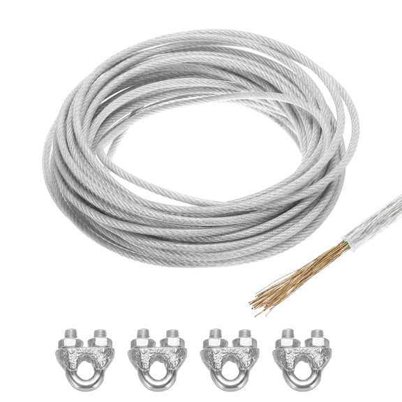 Uxcell 3/16 Clear Vinyl Coated Wire Rope 49ft Galvanized Steel with 4PCS M6 Loop Sleeves