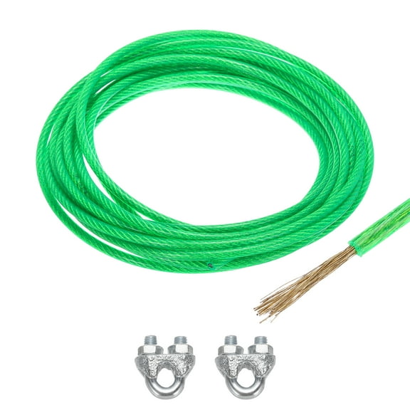 Uxcell 3/16 Green Vinyl Coated Wire Rope 20ft Galvanized Steel with 2PCS M6 Loop Sleeves