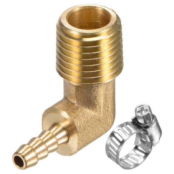 Uxcell 3/16" x 1/4NPT Male Thread Brass Elbow Hose Barb Fitting + Hose Clamp 1 Set