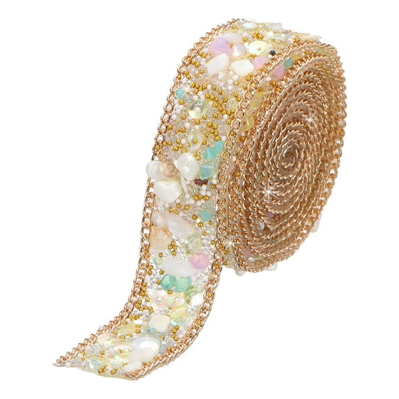 Uxcell 3.28FTx0.8" Hotfix Crystal Beaded Rhinestone for Clothes Bag Shoes Sequins Gems,Gold Chain