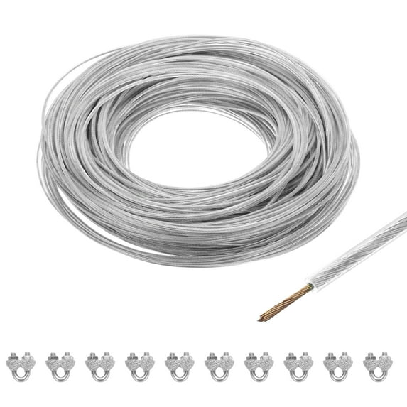 Uxcell 3/32 Clear Vinyl Coated Wire Rope 328ft Galvanized Steel with 10PCS M3 Loop Sleeves
