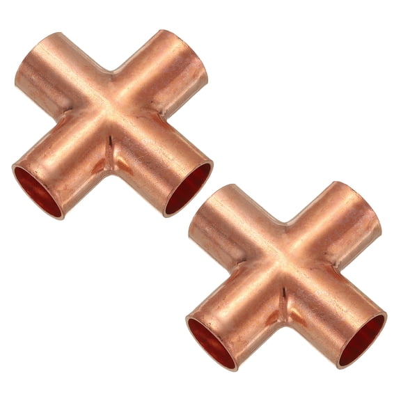 Uxcell Copper Cross Pipe Fitting 4 Way Welding Copper End Feed Equal Connector for Plumbing 3/4" 2pcs
