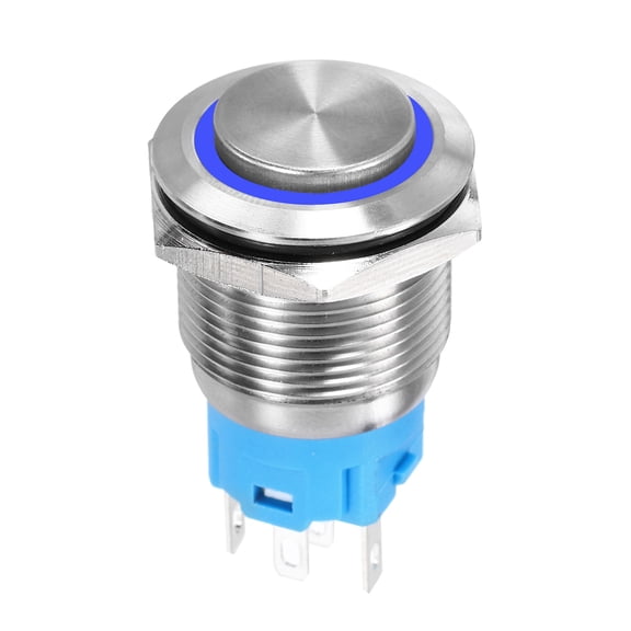Uxcell 3/4 Inch Stainless Steel Latching Push Button Switch Domed Head 5A 12-24V Silver Shell with Welding Foot Blue LED 1NO1NC