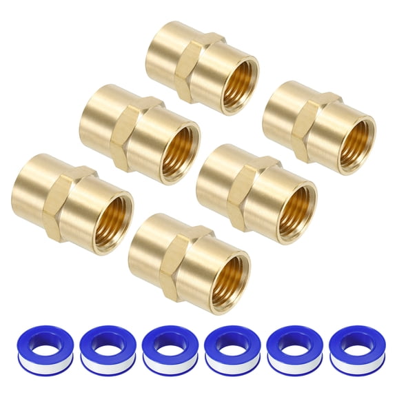 Uxcell 6 Set 1/4" x 1/4" Brass NPT Coupler with Sealing Tape for Plumbing Pipe, Gold