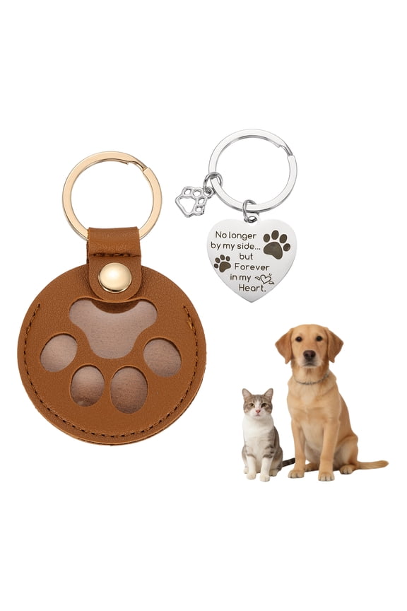 3.5 Inch Pet Paw Print Keychain, Leather Pet Fur Storage Hair & Keepsake Memorial Keychain with Silver Heart Pet Key Chain for Collecting Pet Hair Gifts Bag Charm, Brown 2 Pack