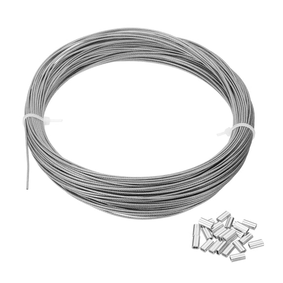 Uxcell 3/64" Wire Rope, 49 ft 304 Stainless Steel Wire Cable Transparent Vinyl Coated with 24pcs Crimping Sleeves for Hanging Lights Clotheslines Trellis Wire, Transparent