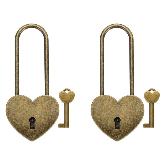 Uxcell 3.9 Inch 98mm Love Heart Lock with Key Bronze, 2 Pack Heart Shaped Padlock Decorative Metal Keys Lock Zinc Alloy for Wedding Anniversary Fence Bridge Wishing Tree Romantic Decor
