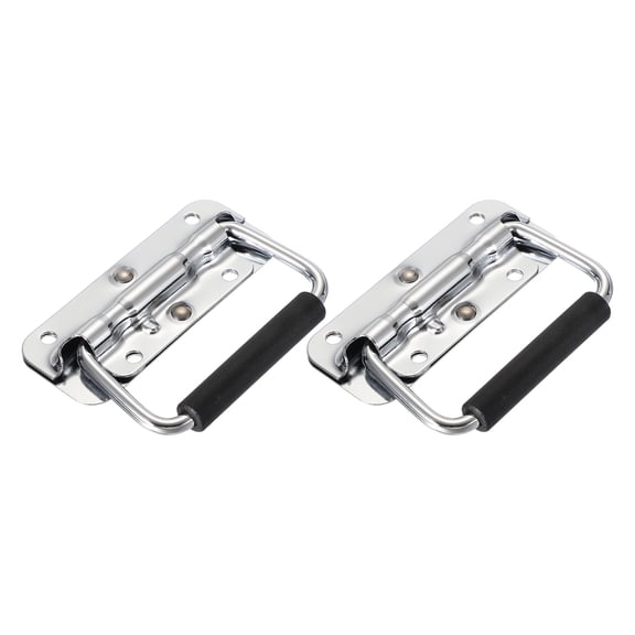 Uxcell 3.9inch Spring Loaded Handle, 2 Pcs Folding Heavy Duty Toolbox Pull Chest Handles With Rubber Surface Mount Folding Grip for Toolbox Chest Case Crates Storage Boxes, Silver Tone