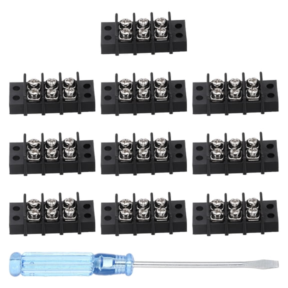 Uxcell 3 Circuits Screw Terminal Blocks, 300V 20A 9.5mm Pitch 3 Positions Dual Rows Terminal Strip with Flat Head Screwdriver for Electrical Wire Connecting, Pack of 10