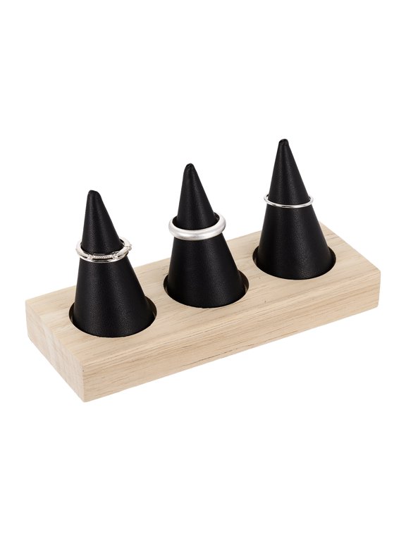 3 Cone Velvet Ring Display Stands, Wooden Ring Storage Organizer with Rubberwood Base for Women Retail Exhibition Wedding Jewelry Holder Storage Room Decoration, Black