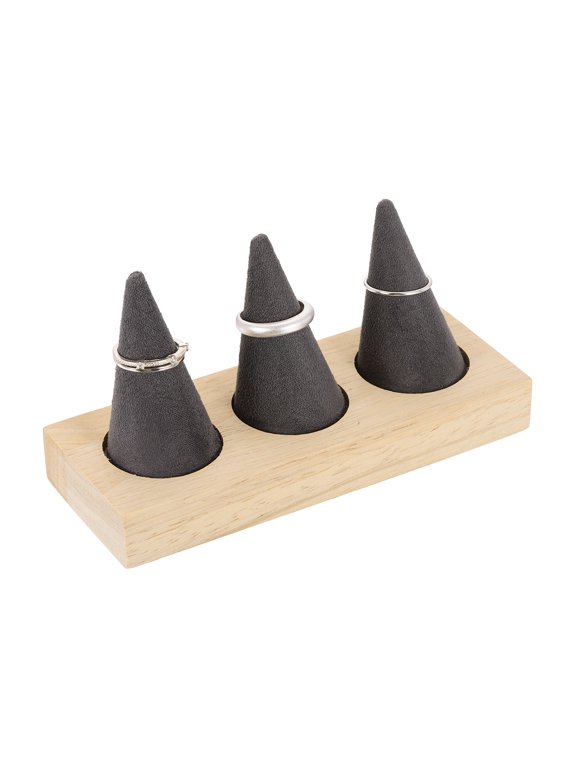 3 Cone Velvet Ring Display Stands, Wooden Ring Storage Organizer with Rubberwood Base for Women Retail Exhibition Wedding Jewelry Holder Storage Room Decoration, Dark Grey