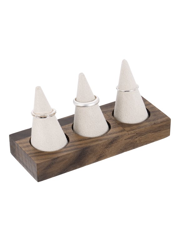 3 Cone Velvet Ring Display Stands, Wooden Ring Storage Organizer with Walnut Wood Base for Women Retail Exhibition Wedding Jewelry Holder Storage Room Decoration, Beige