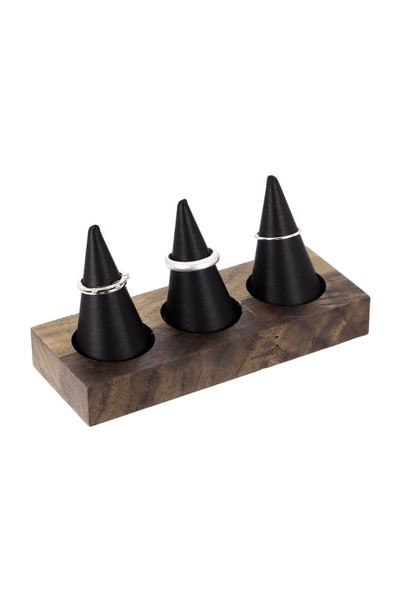 3 Cone Velvet Ring Display Stands, Wooden Ring Storage Organizer with Walnut Wood Base for Women Retail Exhibition Wedding Jewelry Holder Storage Room Decoration, Black
