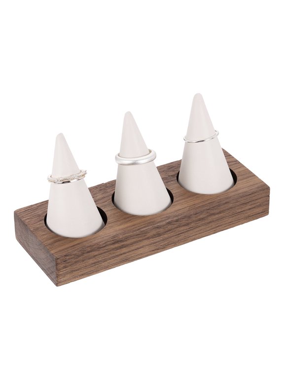 3 Cone Velvet Ring Display Stands, Wooden Ring Storage Organizer with Walnut Wood Base for Women Retail Exhibition Wedding Jewelry Holder Storage Room Decoration, White