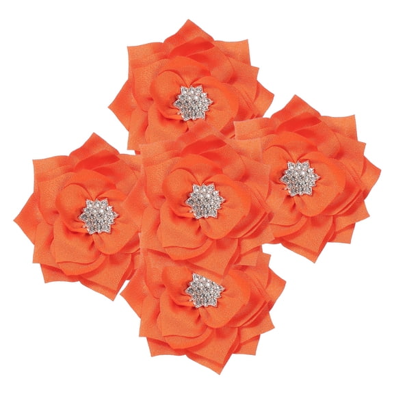 Uxcell 3 Inch Rhinestone Pearl Chiffon Flower, 5 Pcs Sewing Fabric Appliques for DIY Craft Clothing Headbands Wedding Party Decoration, Orange
