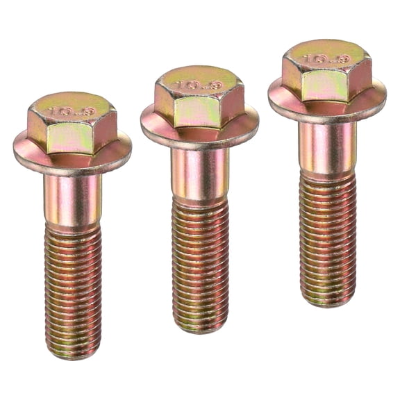 Uxcell 3-Pack 10.9 Alloy Steel M16 x 60mm Flanged Hex Head Bolts for Automotive and DIY Projects with Gold Finish