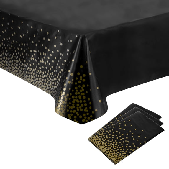 Uxcell 3 Pack Black Disposable Plastic Tablecloths 54 Inch x 108 Inch Gold Dots Table Covers for Wedding Parties