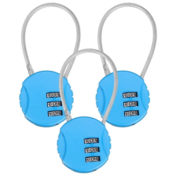 Uxcell 3-Pack Combination Locker Lock, 3 Digit Round Shaped Padlock Gym Locks with Cable for Luggage/Backpack Zipper/Outdoor [Blue]