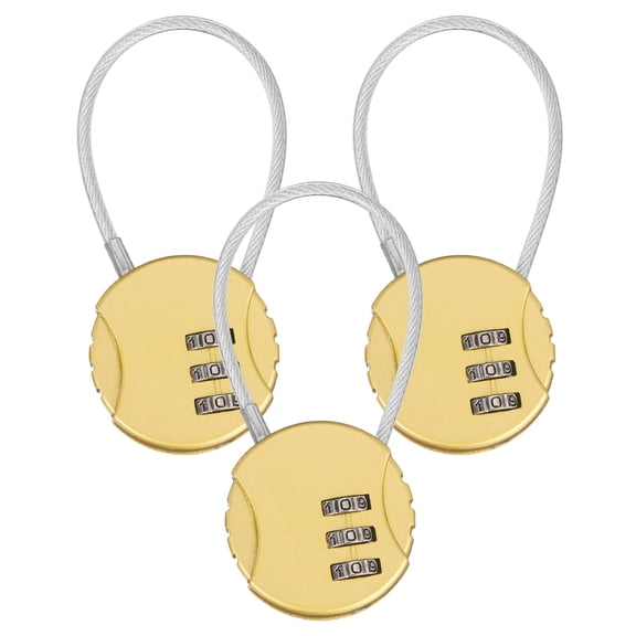 Uxcell 3-Pack Combination Locker Lock, 3 Digit Round Shaped Padlock Gym Locks with Cable for Luggage/Backpack Zipper/Outdoor [Gold]