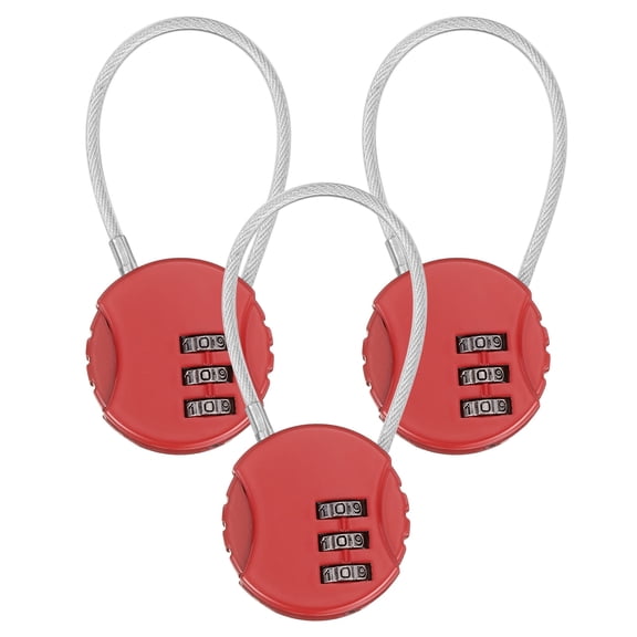 Uxcell 3-Pack Combination Locker Lock, 3 Digit Round Shaped Padlock Gym Locks with Cable for Luggage/Backpack Zipper/Outdoor [Red]